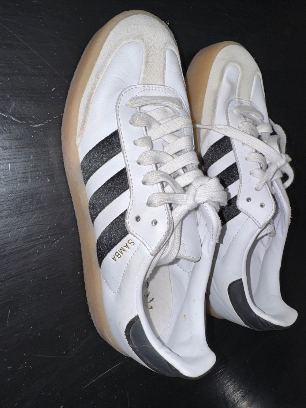 ADIDAS samba leather and suede. white with black stitched stripes. size 8.5